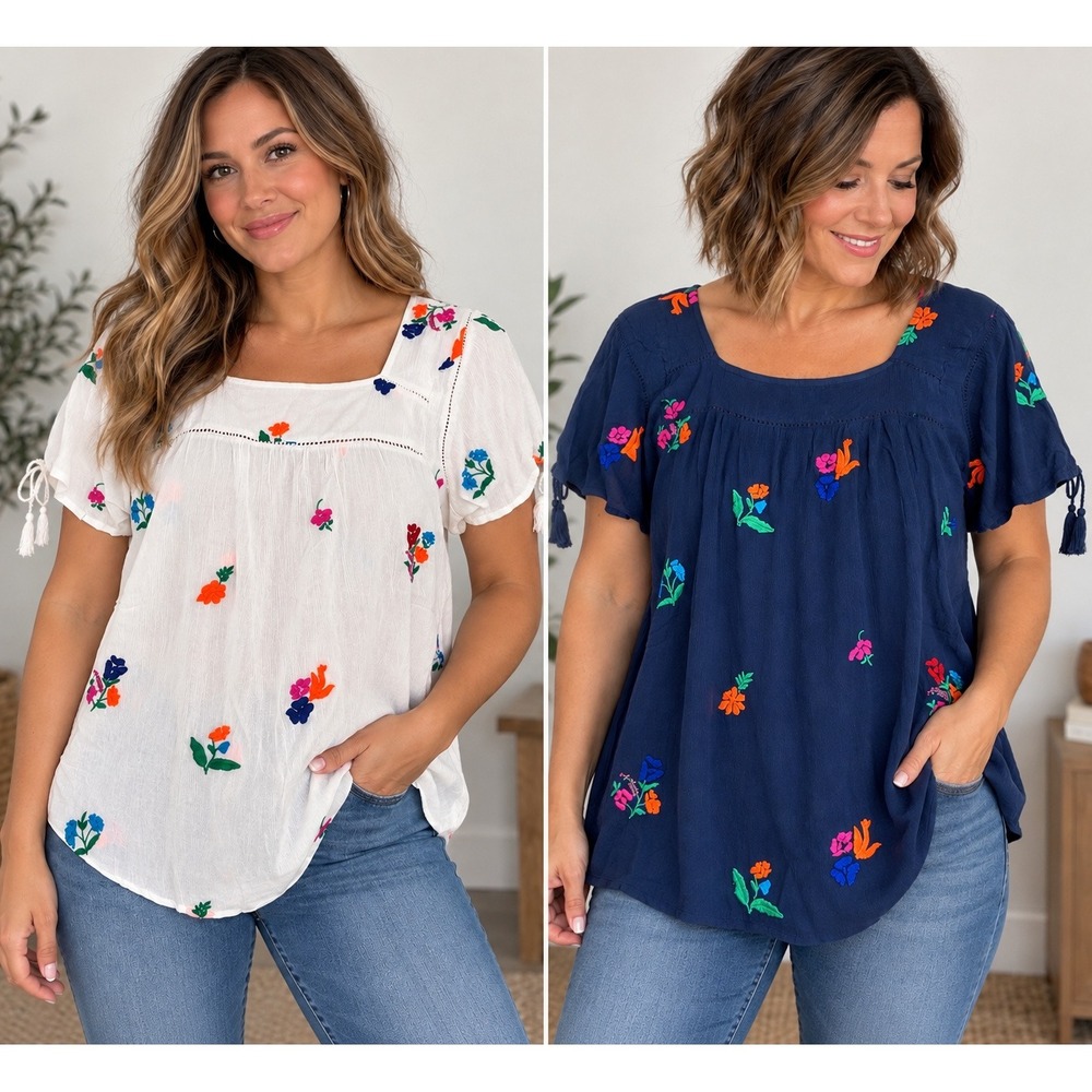 LOT Magazine Floral Embroidered Peasant Tops White Navy Medium Boho Festival M